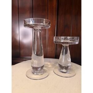 Krosno Pillar Candle Holders Clear Glass Solid Thick Heavy Set of 2 Vintage MCM